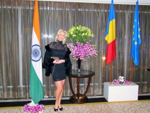 Anca Verma with Romanian and Indian national flag on Romanian National Day at Romanian Embassy